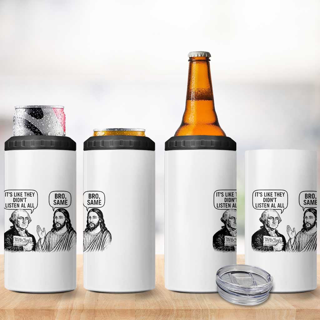 Funny George Washington and Jesus Satire 4 in 1 Can Cooler Tumbler Political Commentary Founding Fathers and Faith