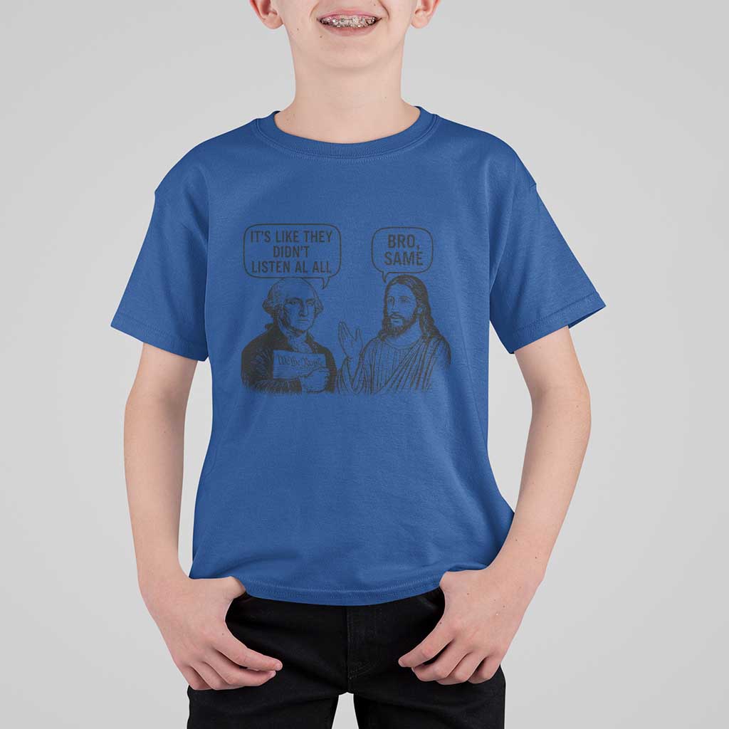 Funny George Washington and Jesus Satire T Shirt For Kid Political Commentary Founding Fathers and Faith