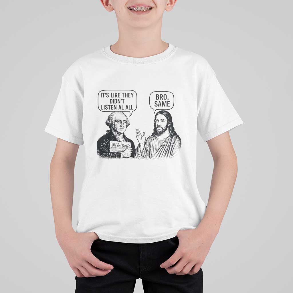 Funny George Washington and Jesus Satire T Shirt For Kid Political Commentary Founding Fathers and Faith