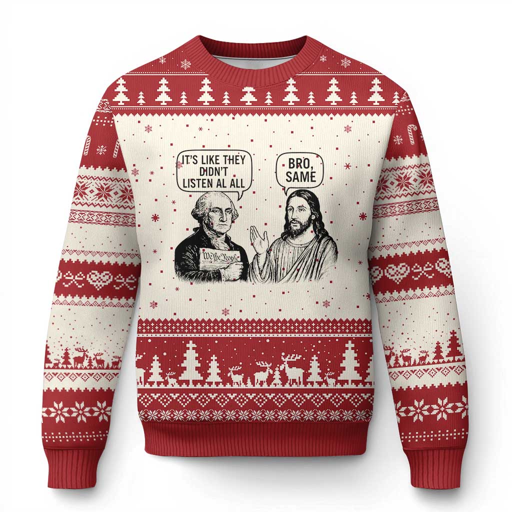 Funny George Washington and Jesus Satire Ugly Christmas Sweater Political Commentary Founding Fathers and Faith