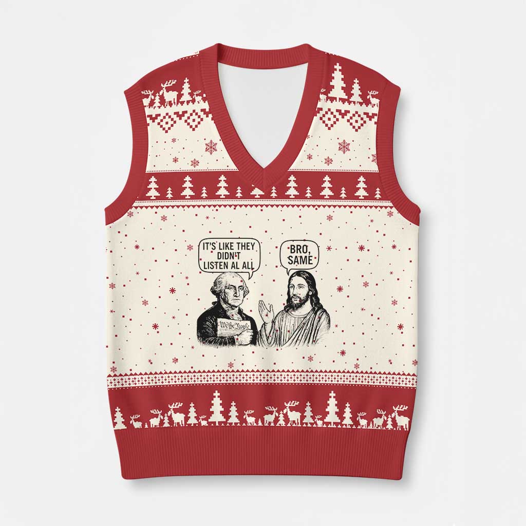 Funny George Washington and Jesus Satire V-Neck Knit Sweater Vest Political Commentary Founding Fathers and Faith