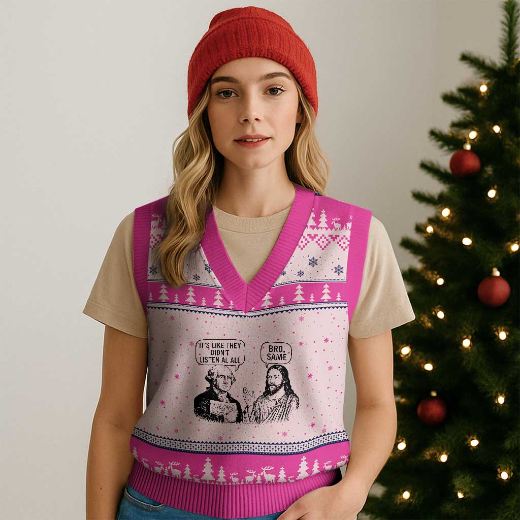 Funny George Washington and Jesus Satire V-Neck Knit Sweater Vest Political Commentary Founding Fathers and Faith