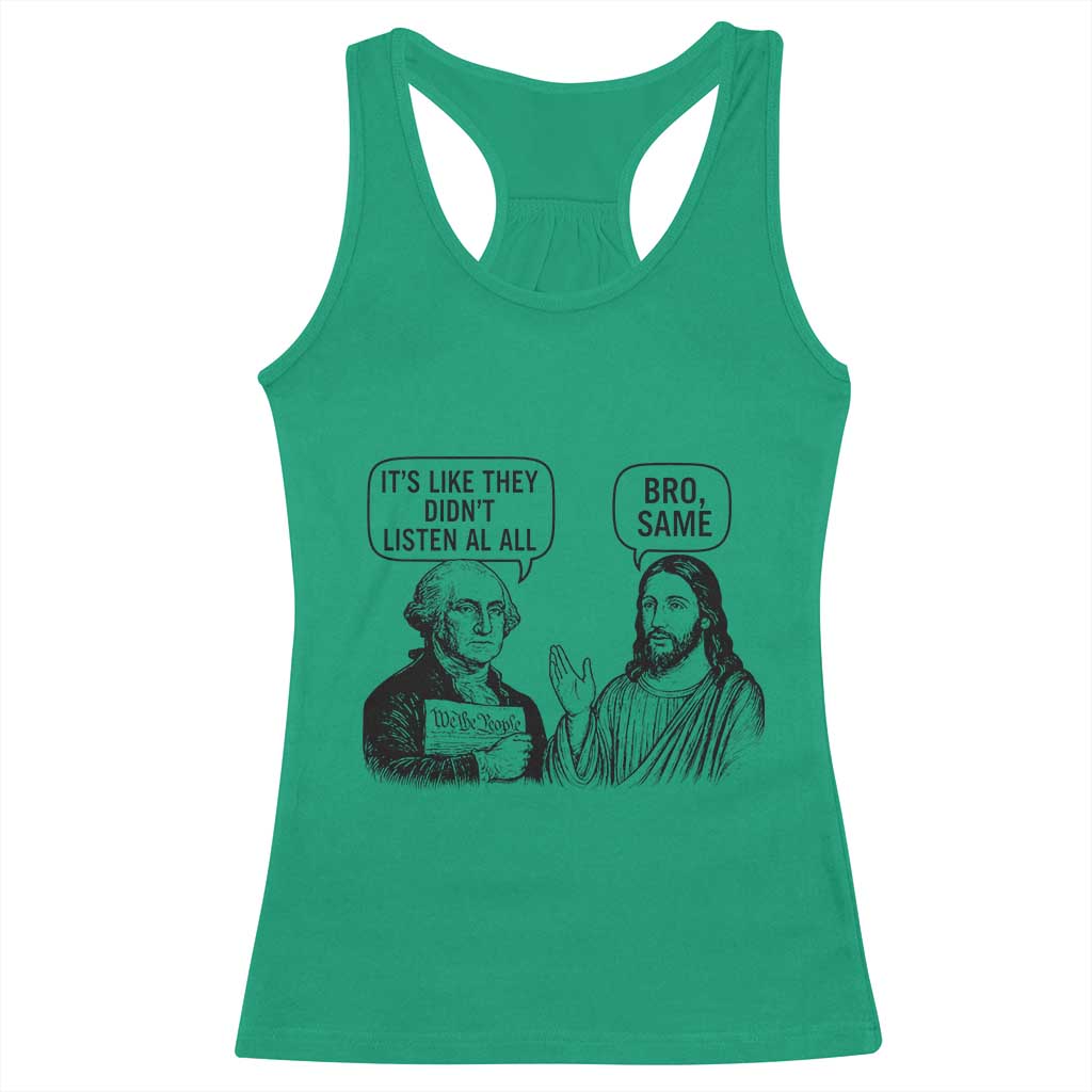 Funny George Washington and Jesus Satire Racerback Tank Top Political Commentary Founding Fathers and Faith