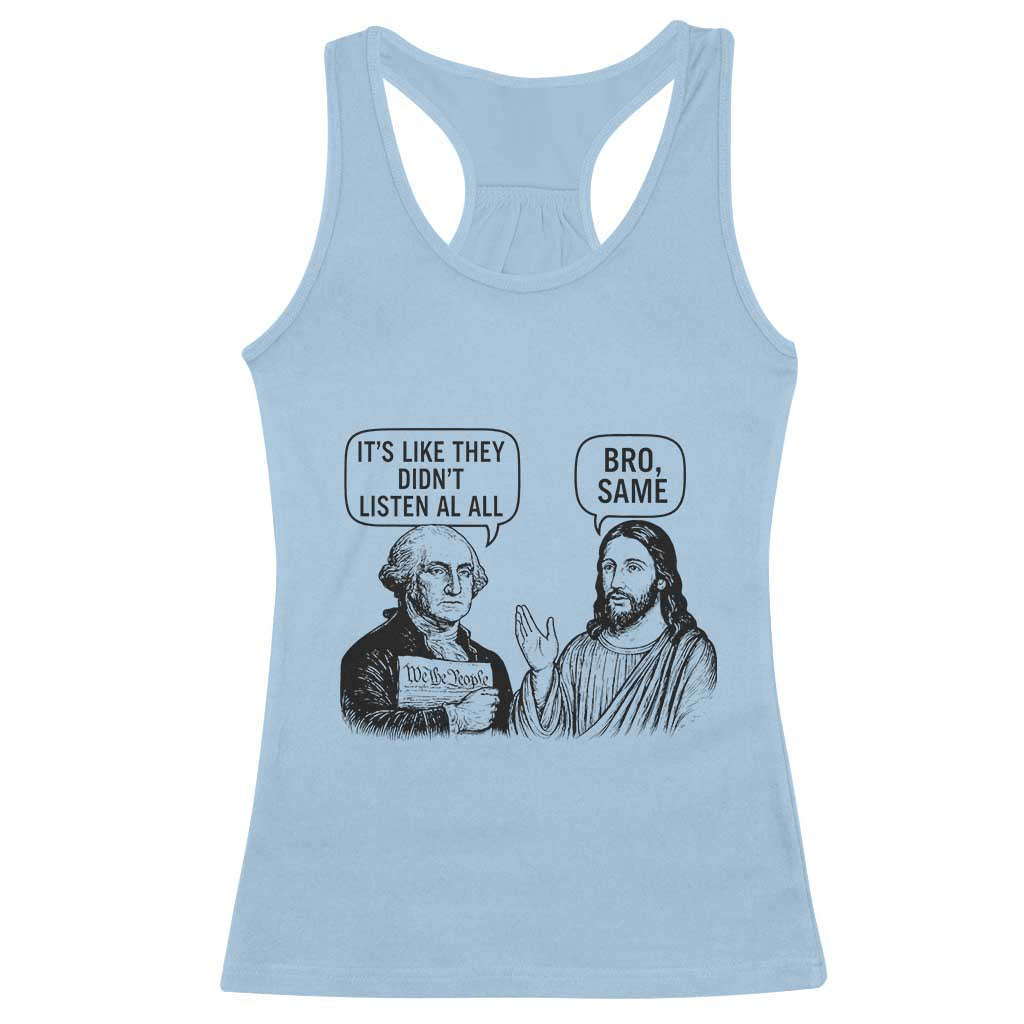 Funny George Washington and Jesus Satire Racerback Tank Top Political Commentary Founding Fathers and Faith