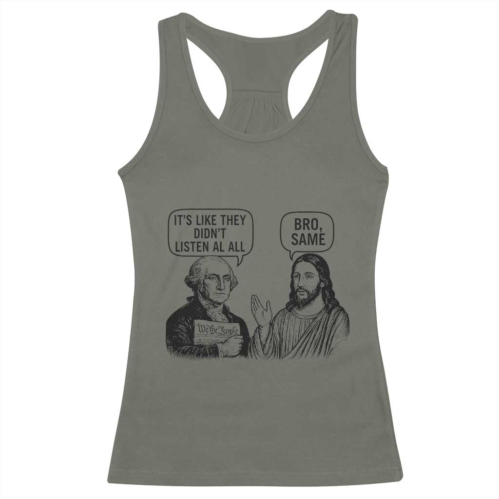 Funny George Washington and Jesus Satire Racerback Tank Top Political Commentary Founding Fathers and Faith