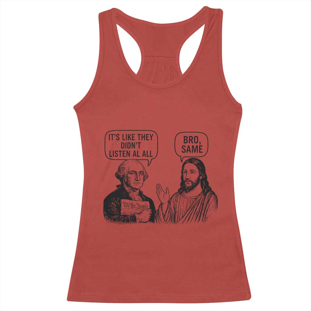 Funny George Washington and Jesus Satire Racerback Tank Top Political Commentary Founding Fathers and Faith