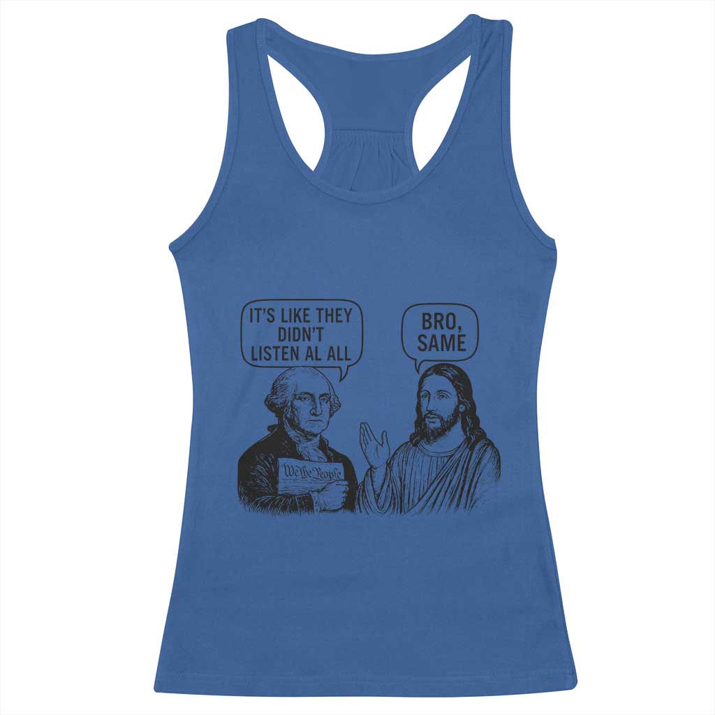 Funny George Washington and Jesus Satire Racerback Tank Top Political Commentary Founding Fathers and Faith