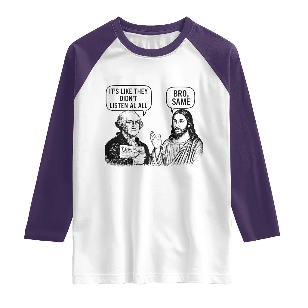 Funny George Washington and Jesus Satire Raglan Shirt Political Commentary Founding Fathers and Faith