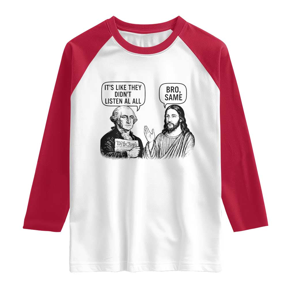 Funny George Washington and Jesus Satire Raglan Shirt Political Commentary Founding Fathers and Faith