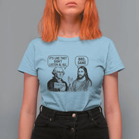 Funny George Washington and Jesus Satire T Shirt For Women Political Commentary Founding Fathers and Faith