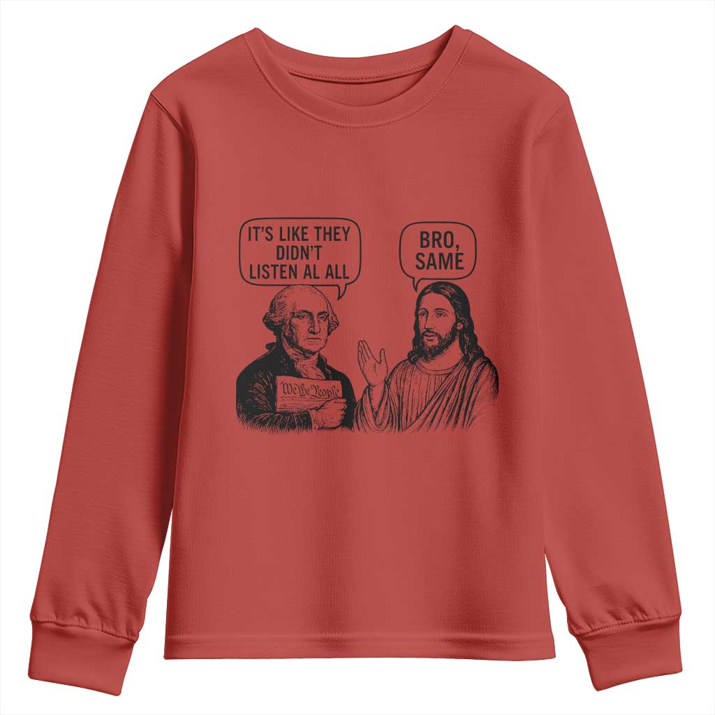 Funny George Washington and Jesus Satire Youth Sweatshirt Political Commentary Founding Fathers and Faith