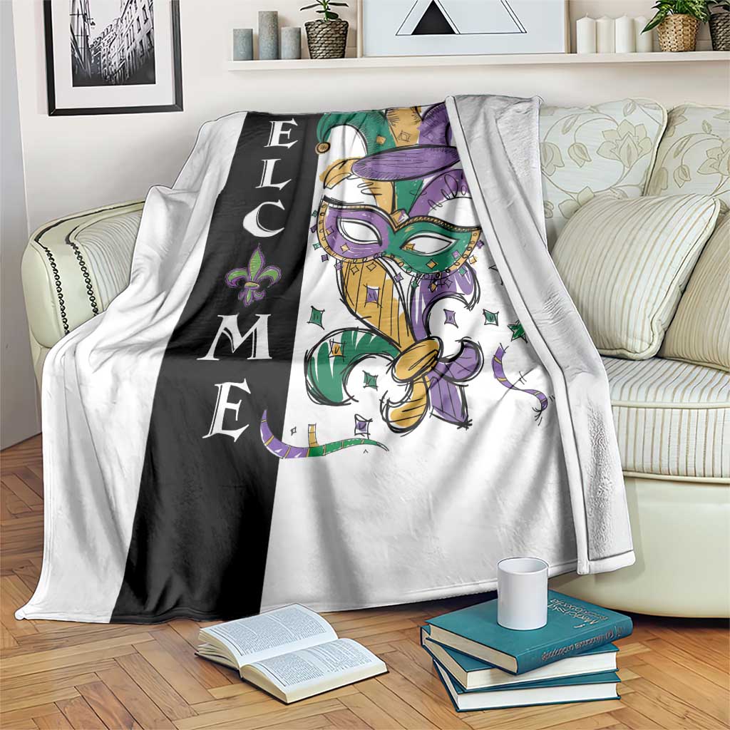 Mardi Gras Welcome Throw Blanket Jester Mask Fleur de Lis Carnival Outdoor Holiday Decorration