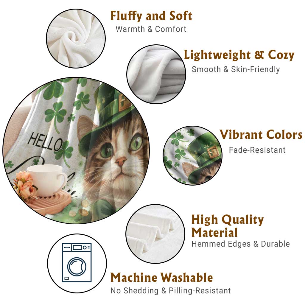 Hello Lucky Cute Cat Leprechaun Throw Blanket St Patrick's Day Welcome Cats Lovers