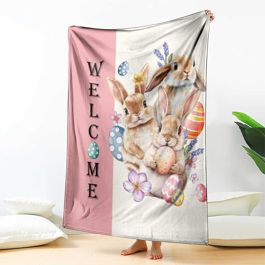 Easter Bunny Welcome Throw Blanket Cute Watercolor Rabbits with Eggs & Flowers, Spring Yard Decor