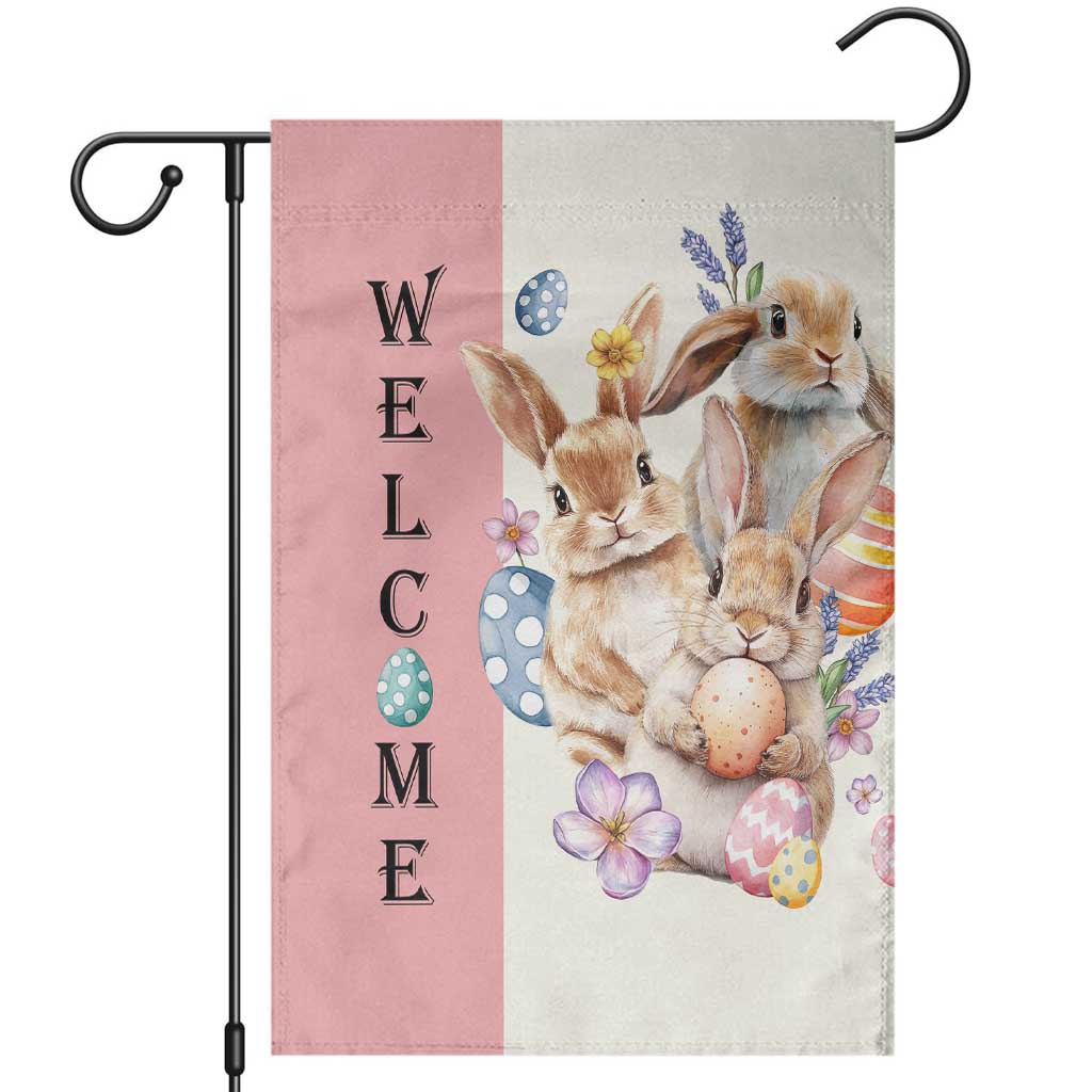 Easter Bunny Welcome Garden Flag Cute Watercolor Rabbits with Eggs & Flowers, Spring Yard Decor