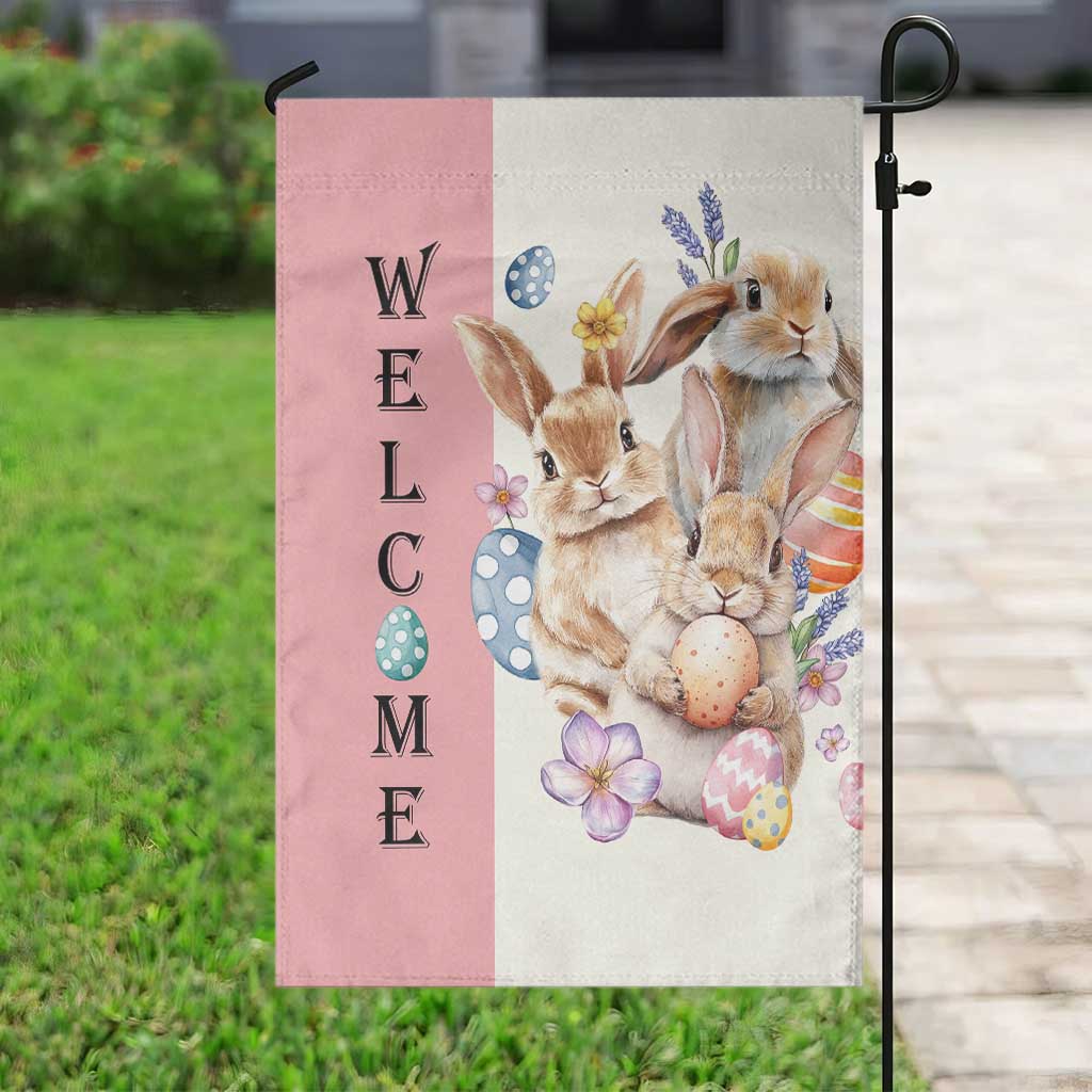 Easter Bunny Welcome Garden Flag Cute Watercolor Rabbits with Eggs & Flowers, Spring Yard Decor