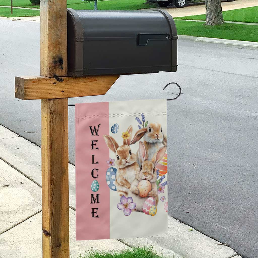 Easter Bunny Welcome Garden Flag Cute Watercolor Rabbits with Eggs & Flowers, Spring Yard Decor