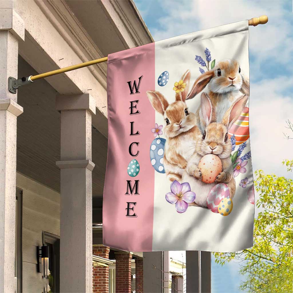 Easter Bunny Welcome Garden Flag Cute Watercolor Rabbits with Eggs & Flowers, Spring Yard Decor