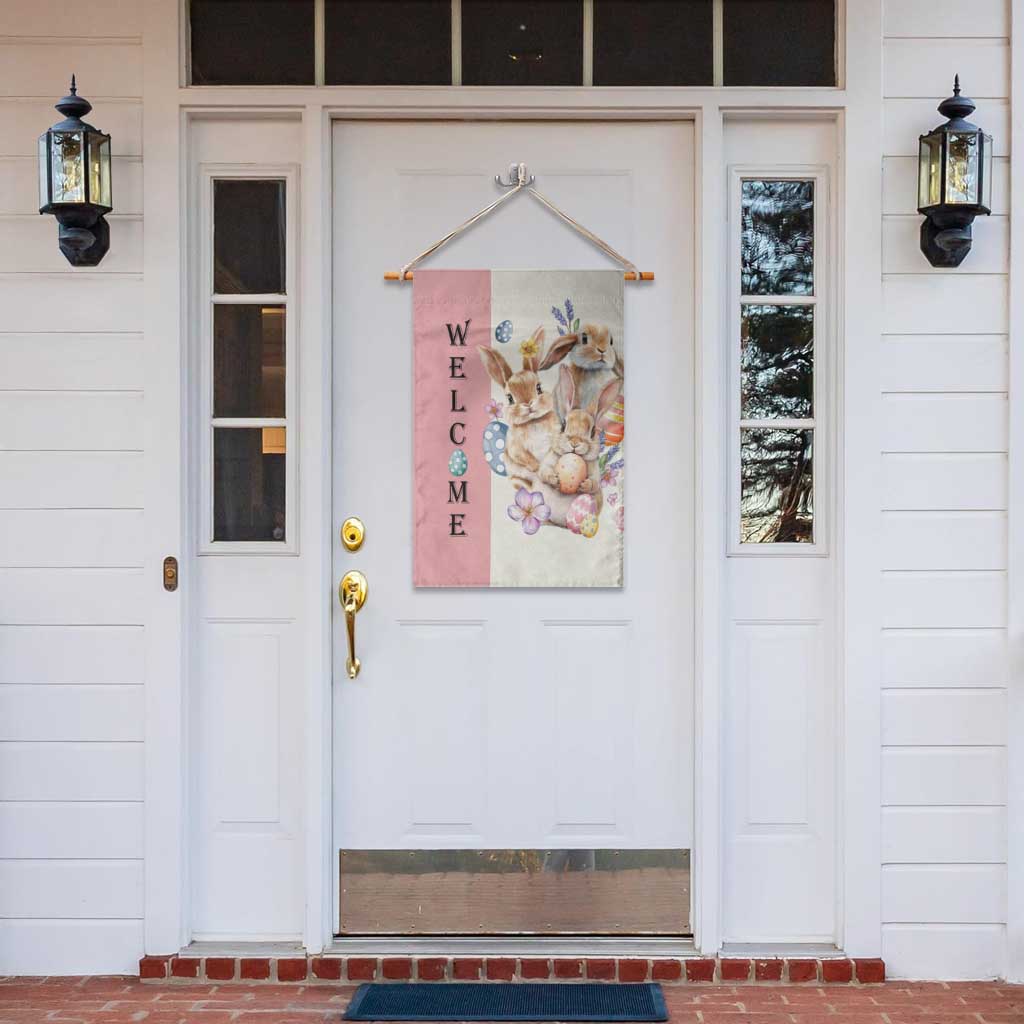 Easter Bunny Welcome Garden Flag Cute Watercolor Rabbits with Eggs & Flowers, Spring Yard Decor