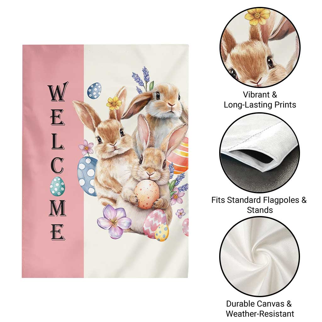 Easter Bunny Welcome Garden Flag Cute Watercolor Rabbits with Eggs & Flowers, Spring Yard Decor