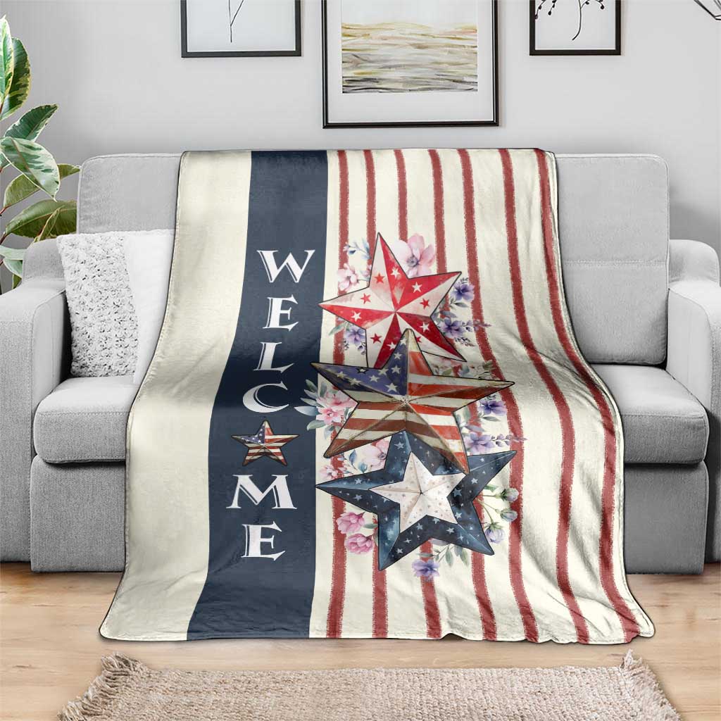 American Patriotic Welcome Throw Blanket US Flag Red White & Blue Stars, Rustic 4th of July Outdoor Decor