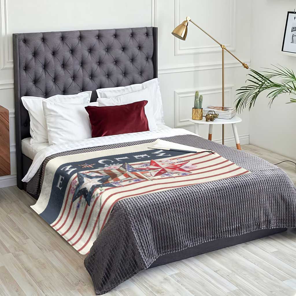 American Patriotic Welcome Throw Blanket US Flag Red White & Blue Stars, Rustic 4th of July Outdoor Decor