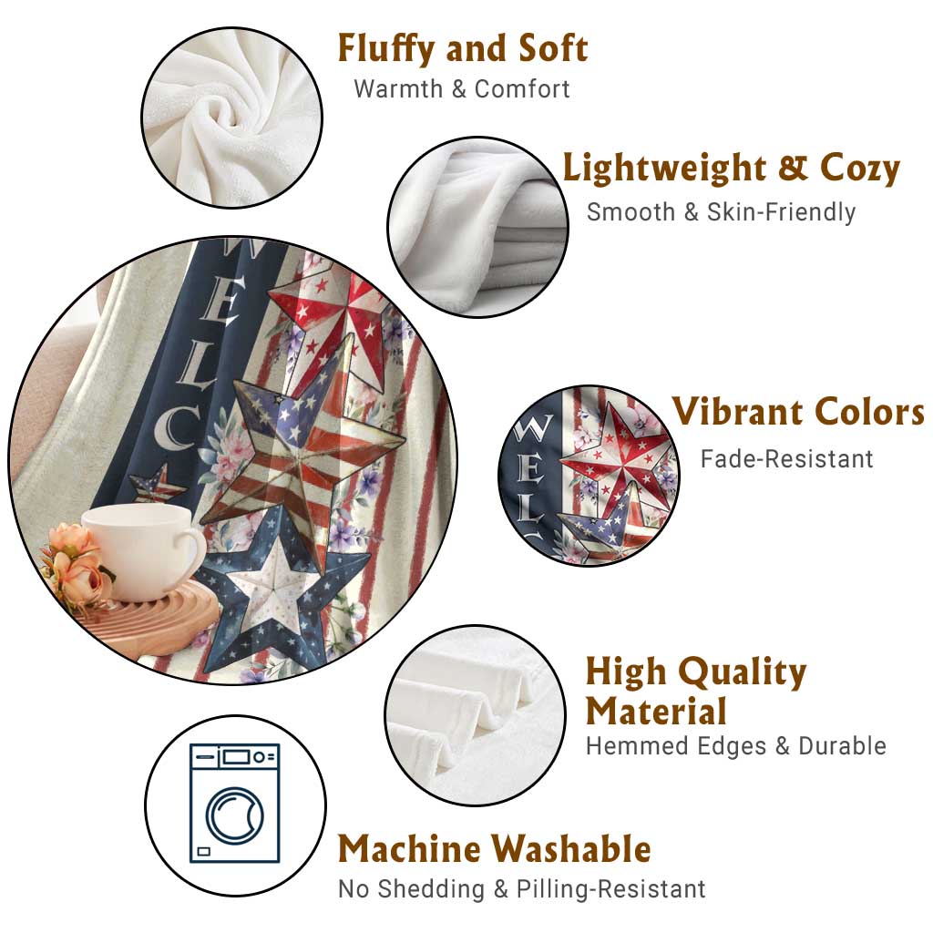 American Patriotic Welcome Throw Blanket US Flag Red White & Blue Stars, Rustic 4th of July Outdoor Decor