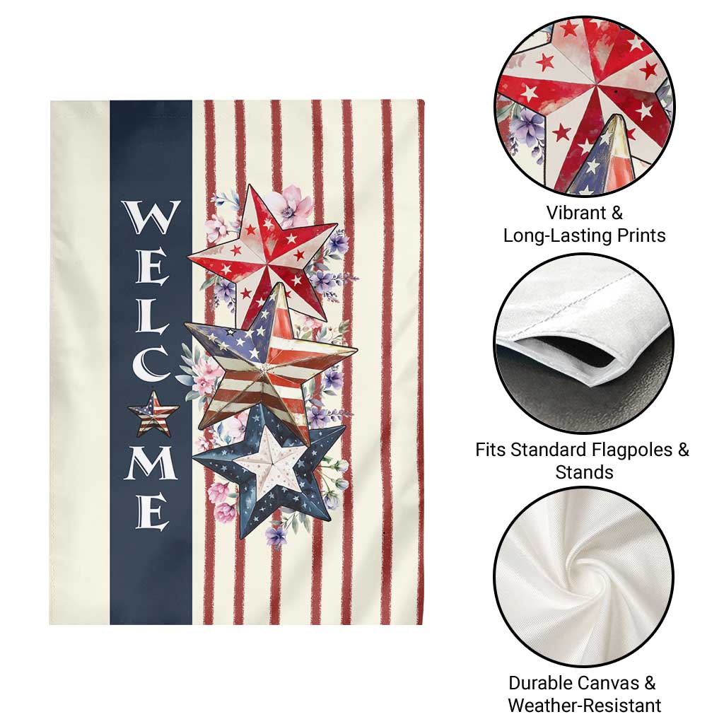 American Patriotic Welcome Garden Flag US Flag Red White & Blue Stars, Rustic 4th of July Outdoor Decor