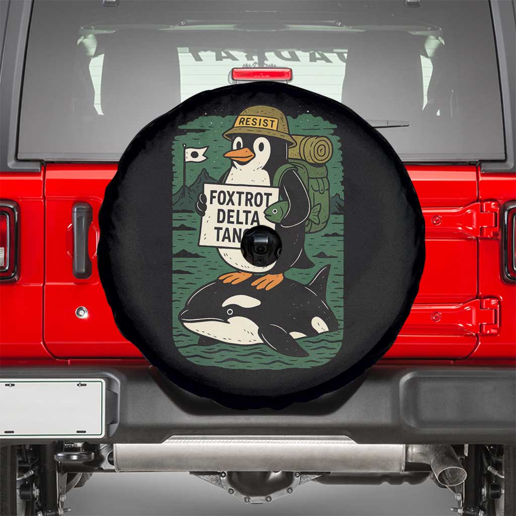 Funny Penguin Resist Spare Tire Cover No Tarriffs Activism Graphic