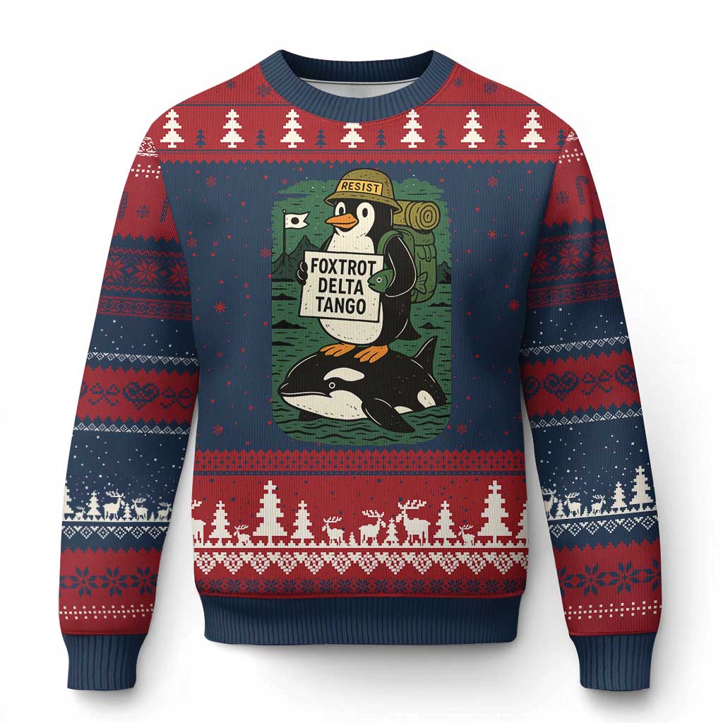 Funny Penguin Resist Ugly Christmas Sweater No Tarriffs Activism Graphic - Wonder Print Shop