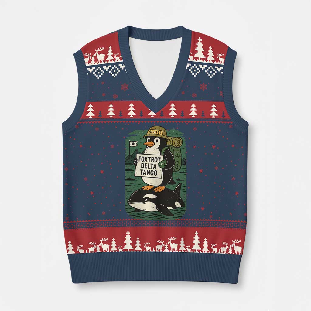 Funny Penguin Resist V-Neck Knit Sweater Vest No Tarriffs Activism Graphic - Wonder Print Shop