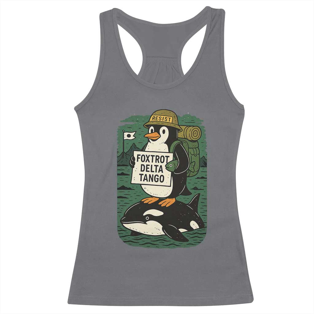 Funny Penguin Resist Racerback Tank Top No Tarriffs Activism Graphic