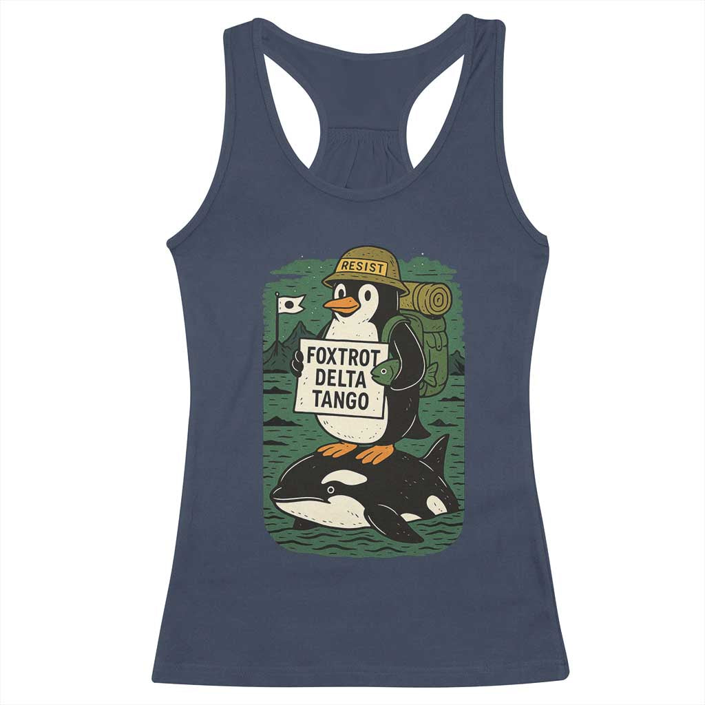 Funny Penguin Resist Racerback Tank Top No Tarriffs Activism Graphic