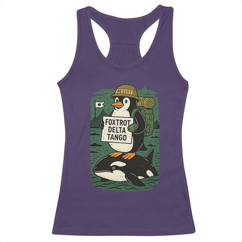 Funny Penguin Resist Racerback Tank Top No Tarriffs Activism Graphic