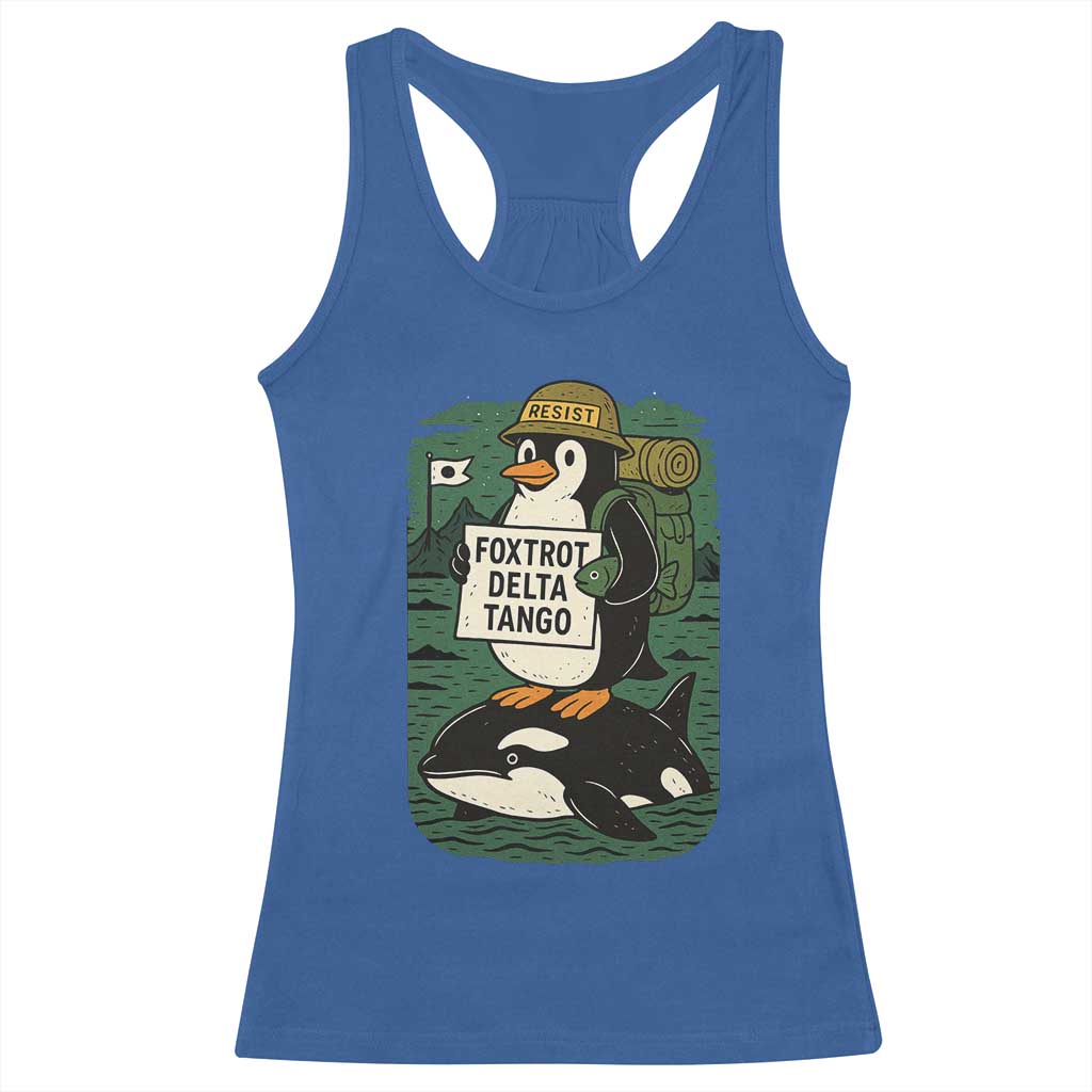 Funny Penguin Resist Racerback Tank Top No Tarriffs Activism Graphic