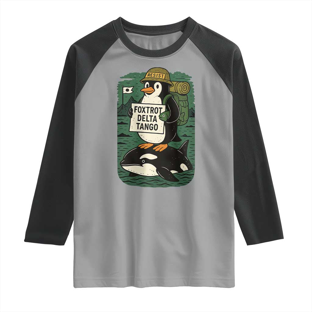 Funny Penguin Resist Raglan Shirt No Tarriffs Activism Graphic