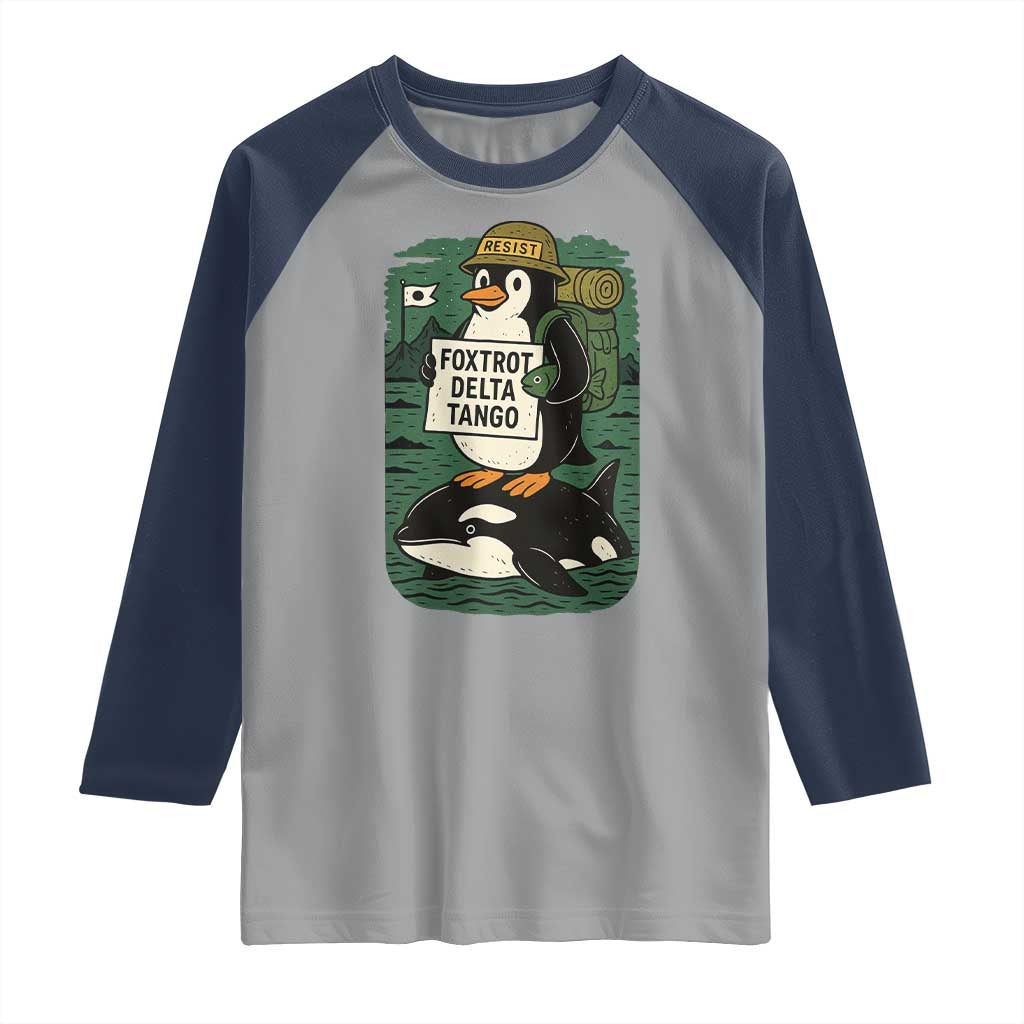 Funny Penguin Resist Raglan Shirt No Tarriffs Activism Graphic