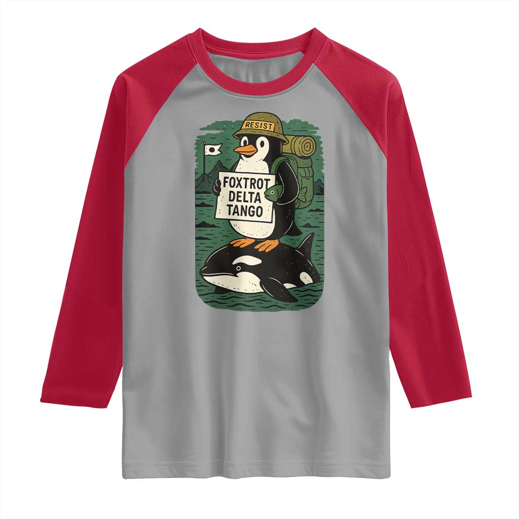 Funny Penguin Resist Raglan Shirt No Tarriffs Activism Graphic