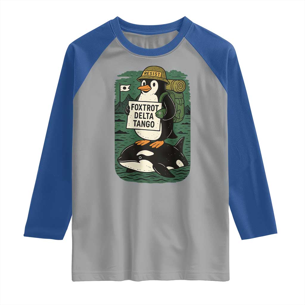 Funny Penguin Resist Raglan Shirt No Tarriffs Activism Graphic