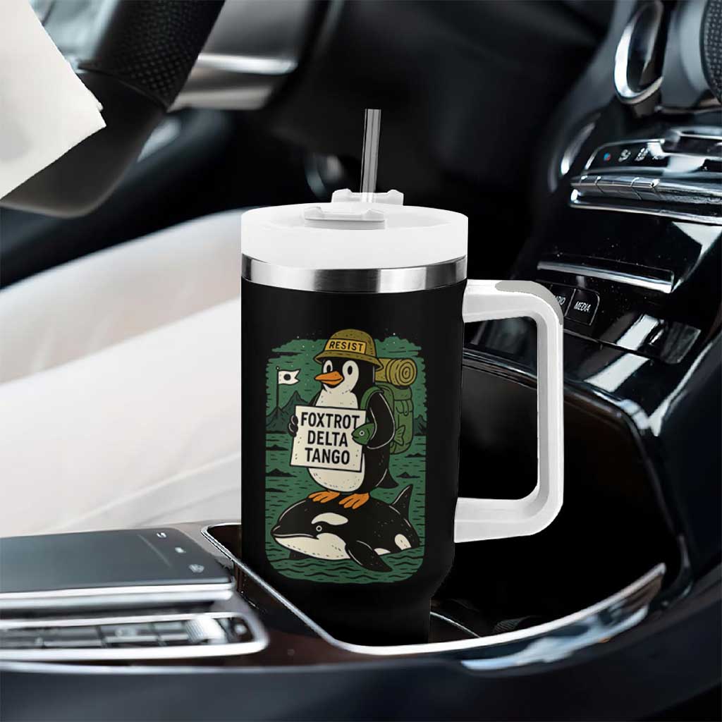 Funny Penguin Resist Tumbler With Handle No Tarriffs Activism Graphic