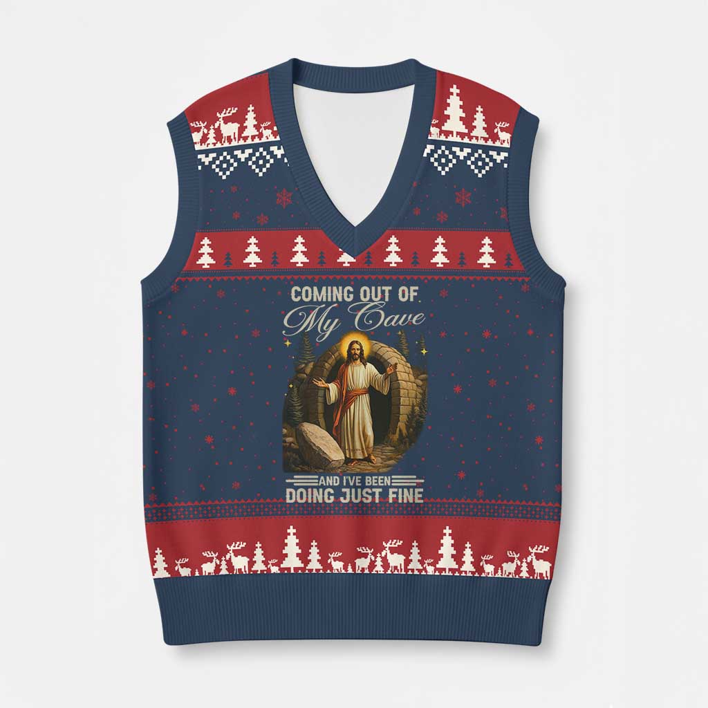Funny Jesus V-Neck Knit Sweater Vest Coming Out Of My Cave And I've Been Doing Just Fine - Wonder Print Shop