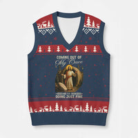 Funny Jesus V-Neck Knit Sweater Vest Coming Out Of My Cave And I've Been Doing Just Fine - Wonder Print Shop