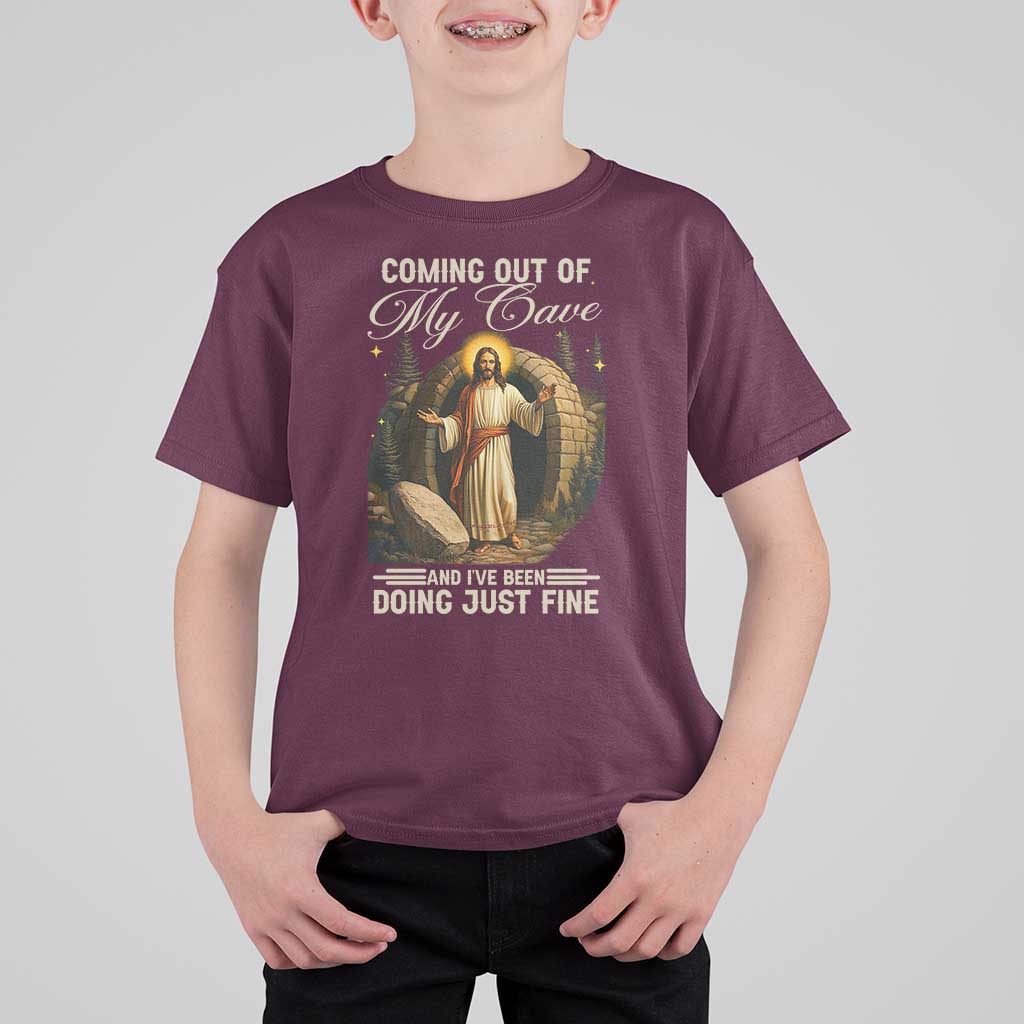 Funny Jesus T Shirt For Kid Coming Out Of My Cave And I've Been Doing Just Fine
