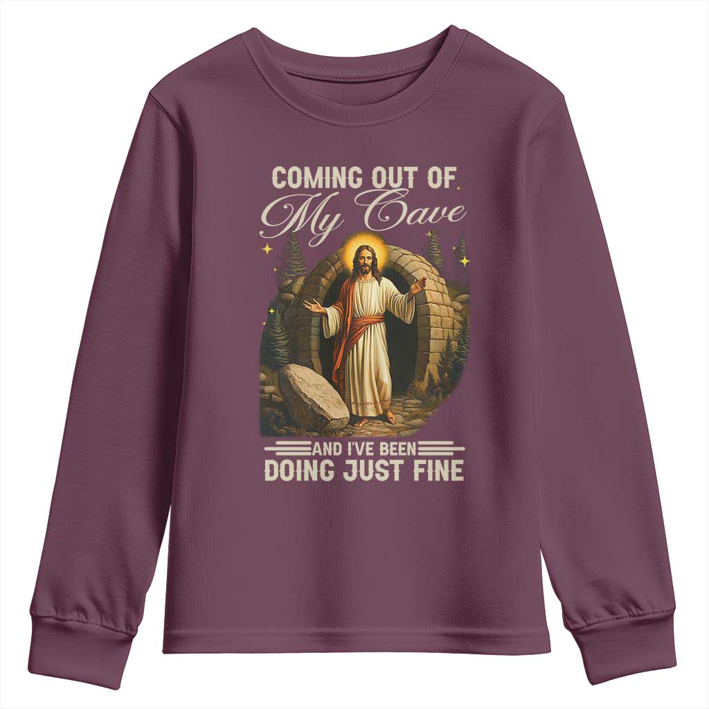 Funny Jesus Youth Sweatshirt Coming Out Of My Cave And I've Been Doing Just Fine