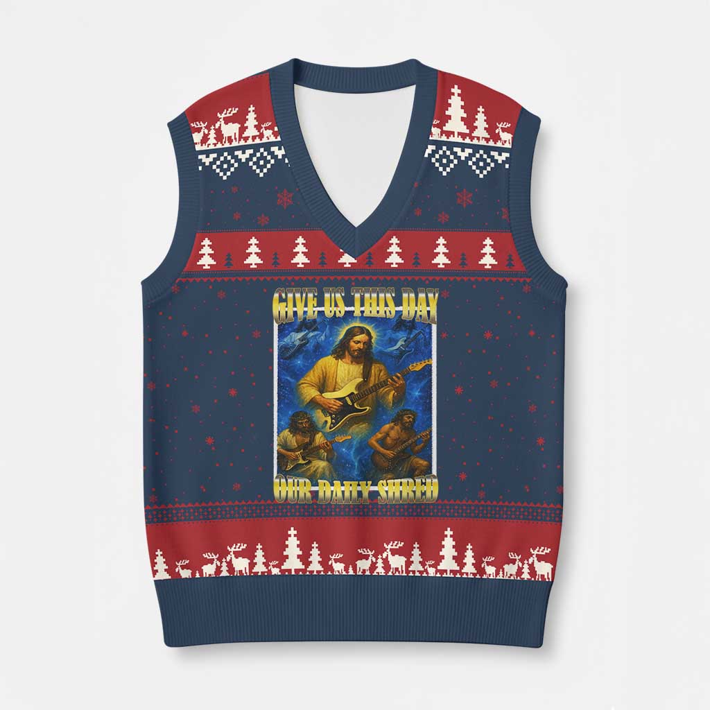 Music Give Us This Day Our Daily Shred V-Neck Knit Sweater Vest Funny Jesus Rock Guitar Meme - Wonder Print Shop