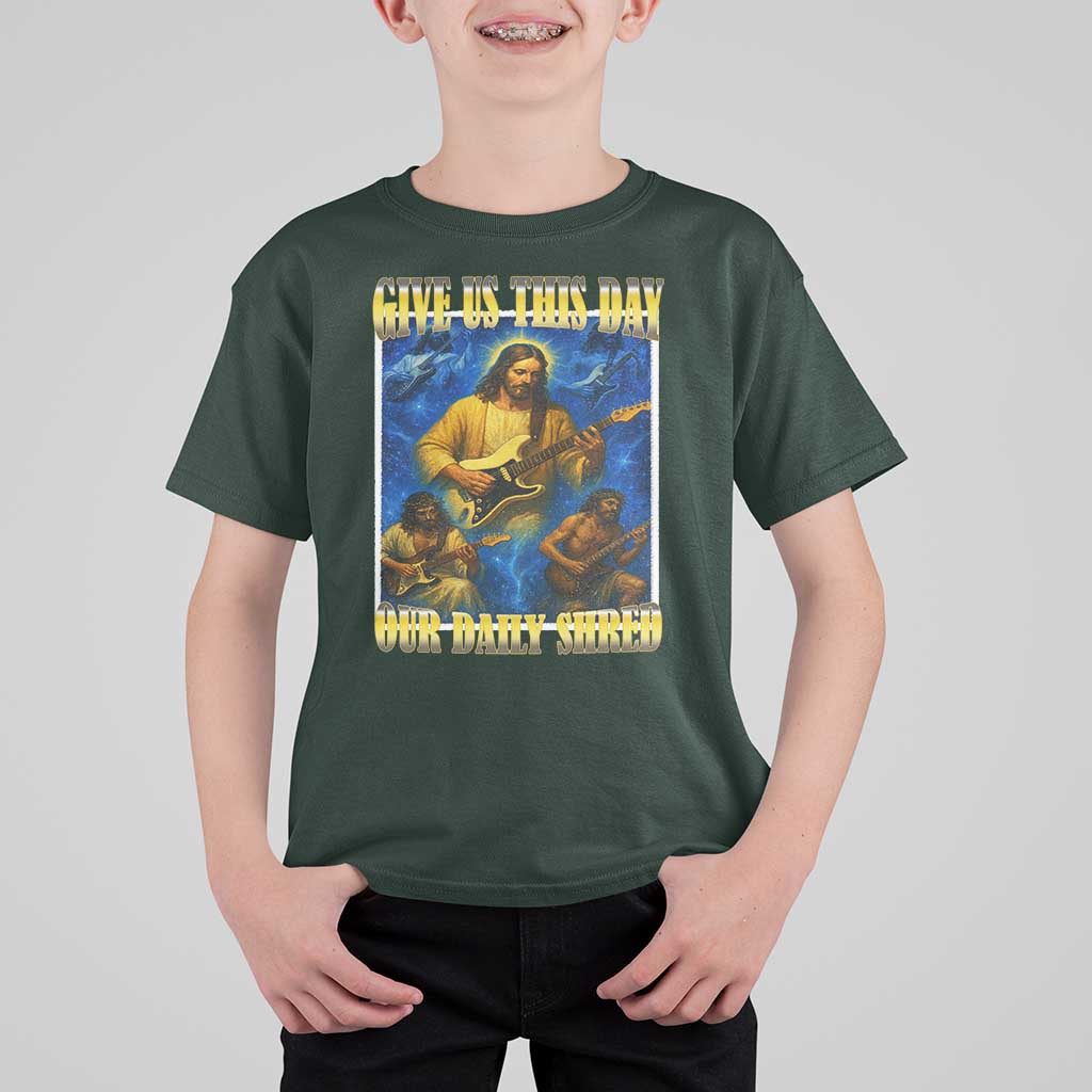 Music Give Us This Day Our Daily Shred T Shirt For Kid Funny Jesus Rock Guitar Meme