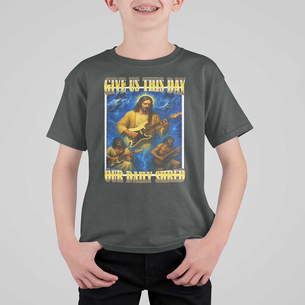 Music Give Us This Day Our Daily Shred T Shirt For Kid Funny Jesus Rock Guitar Meme