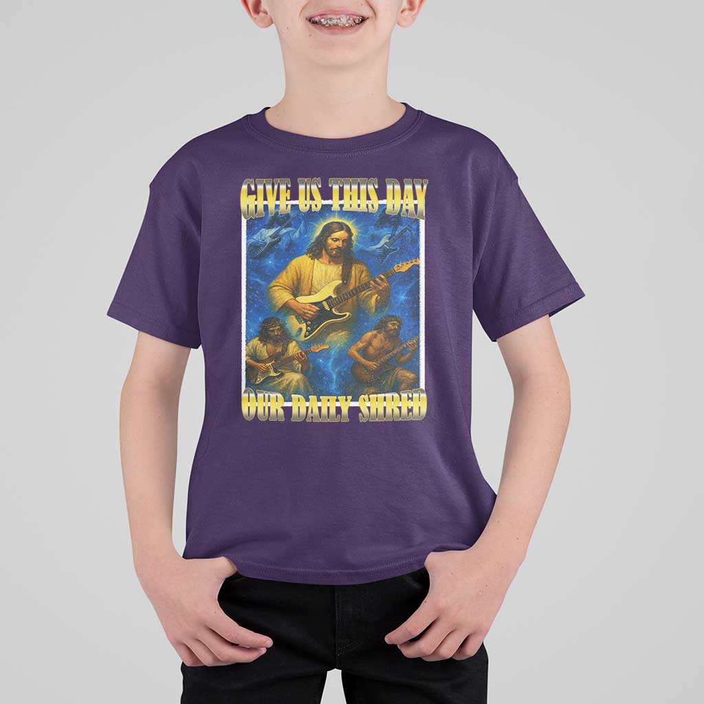Music Give Us This Day Our Daily Shred T Shirt For Kid Funny Jesus Rock Guitar Meme