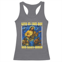 Music Give Us This Day Our Daily Shred Racerback Tank Top Funny Jesus Rock Guitar Meme