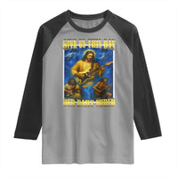 Music Give Us This Day Our Daily Shred Raglan Shirt Funny Jesus Rock Guitar Meme